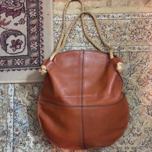 Vintage 70s Genuine 100% Leather Honey-Brown Dual-Rope Handle Round Bag GROOVY - Picture 8 of 16